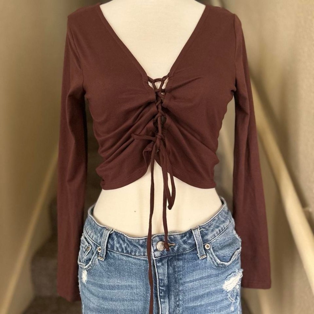 Self Esteem Brown Long Sleeve Ruched Crop Top